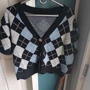 Short Sleeve Button Up Argyle Sweater